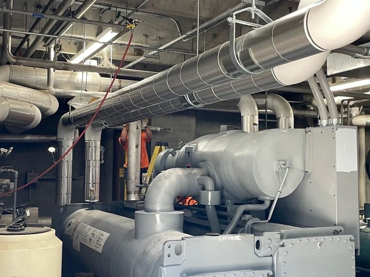 Close detail of ductwork and insulated mechanical piping